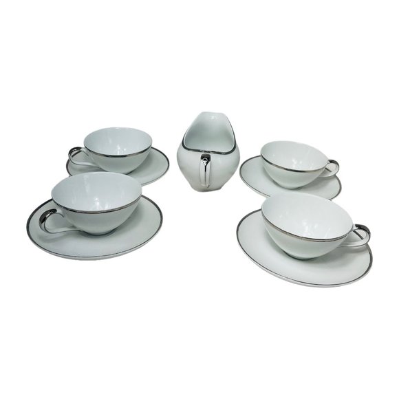 Harmony House Moderne Platinum Trim 4 Cups and Saucers & Creamer Japan No. 3545 - Picture 10 of 16